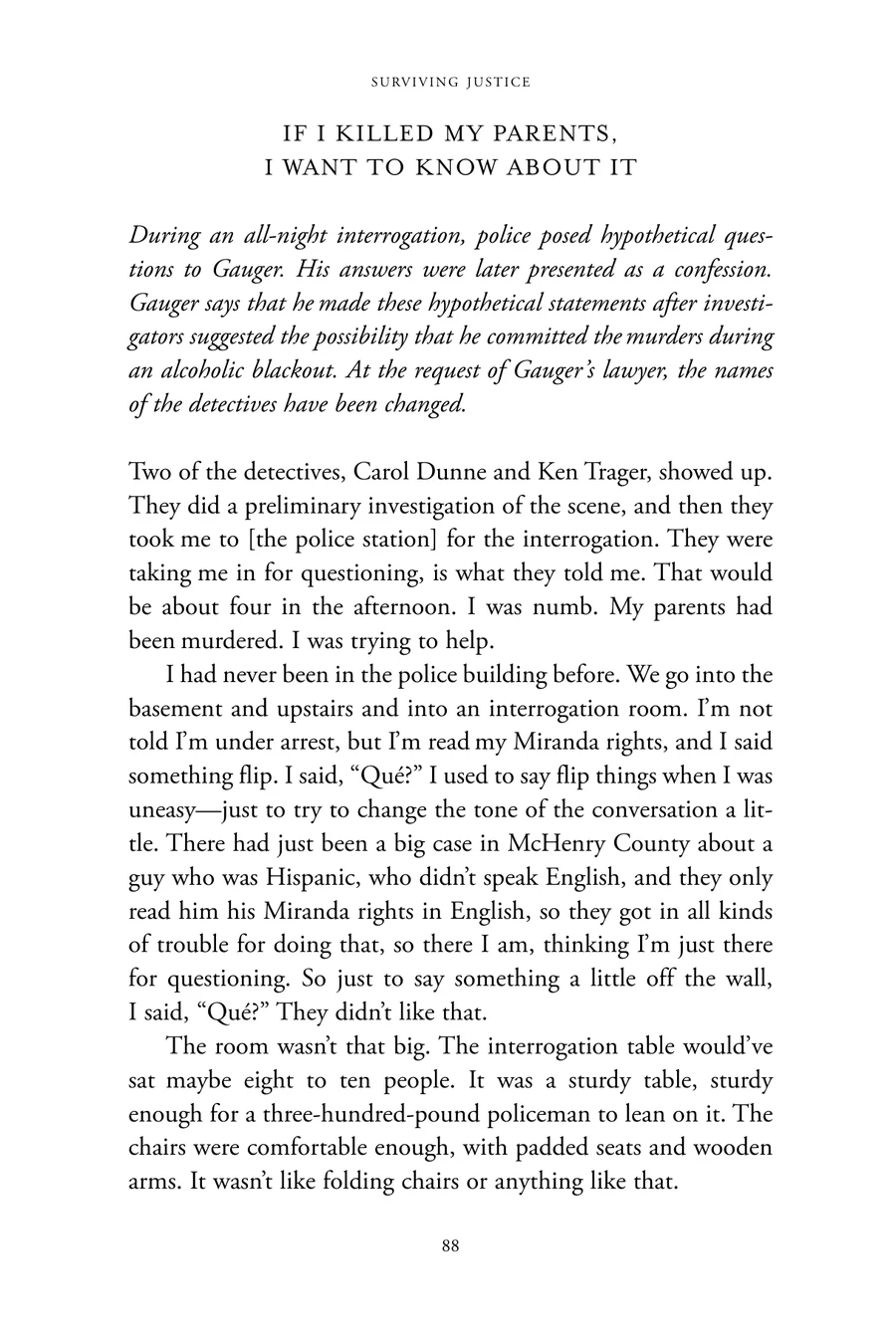 Page 88 of Surviving Justice in proof, the opening of a section of Gary Gauger’s story titled “If I Killed My Parents, I Want to Know About It.”